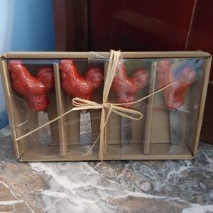 NIB Four Rooster Spreaders, Red Handled Cheese Knives